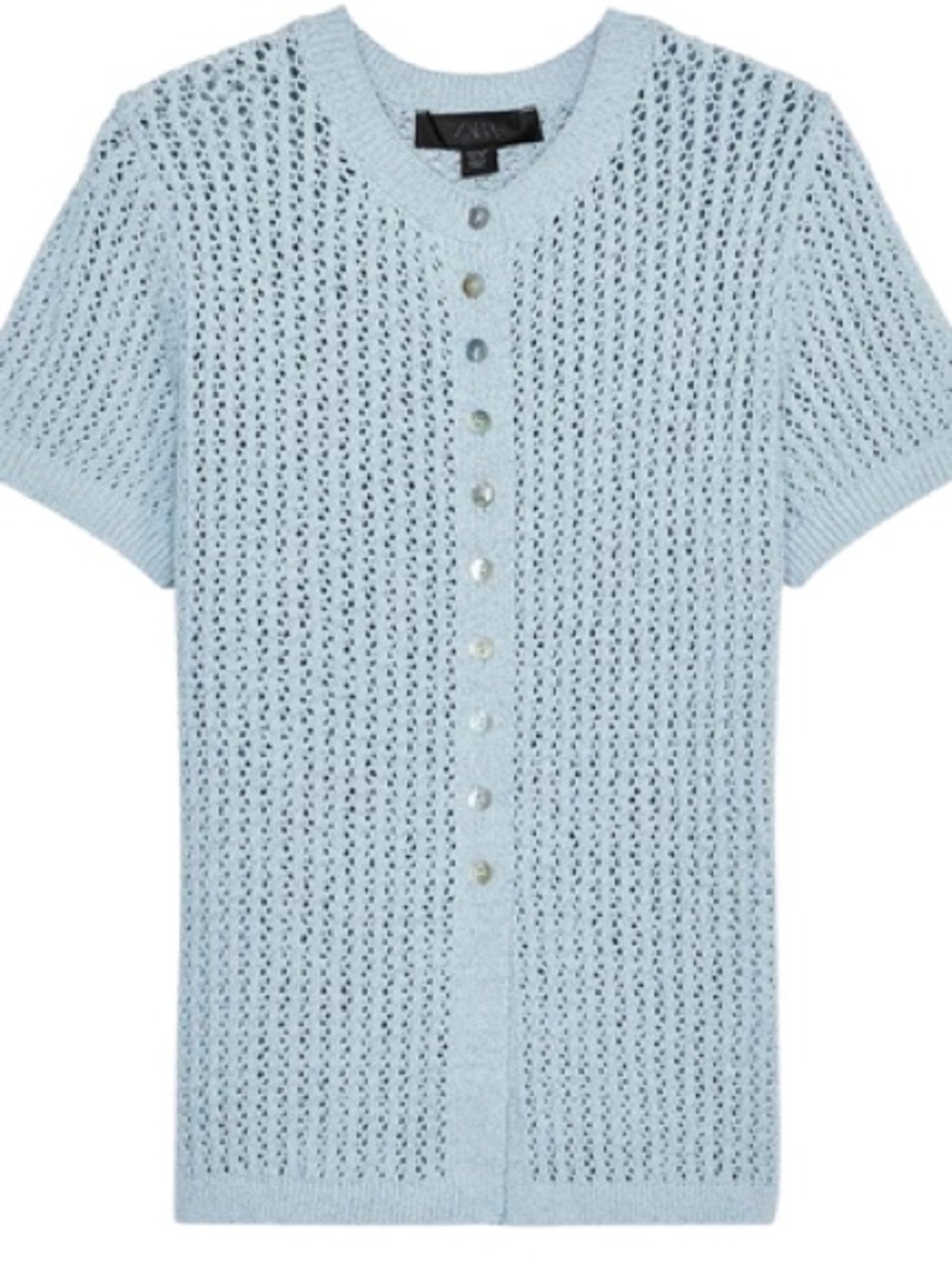 Zara Light Blue Short-Sleeve Button-Front Knit Top